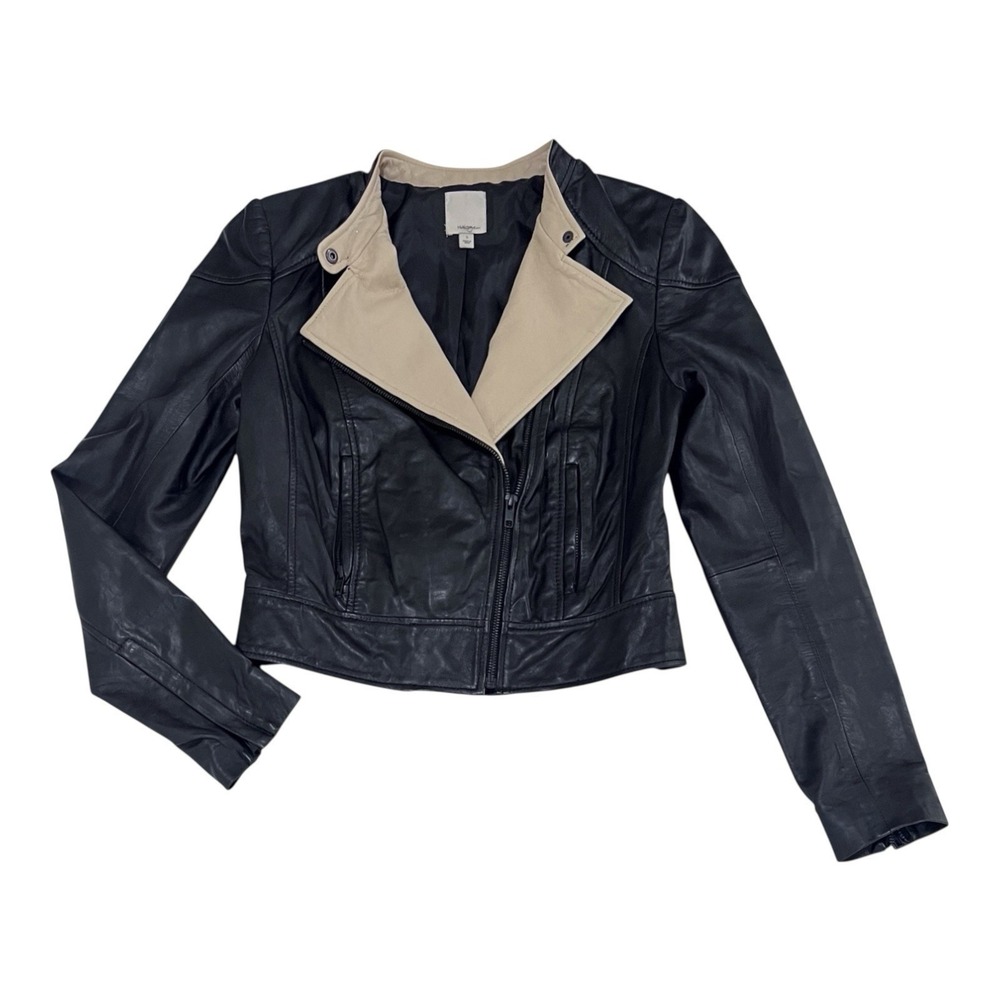 HALOGEN‎ Black Soft Leather Moto Jacket Cropped Fit Womens Small RETAIL $378